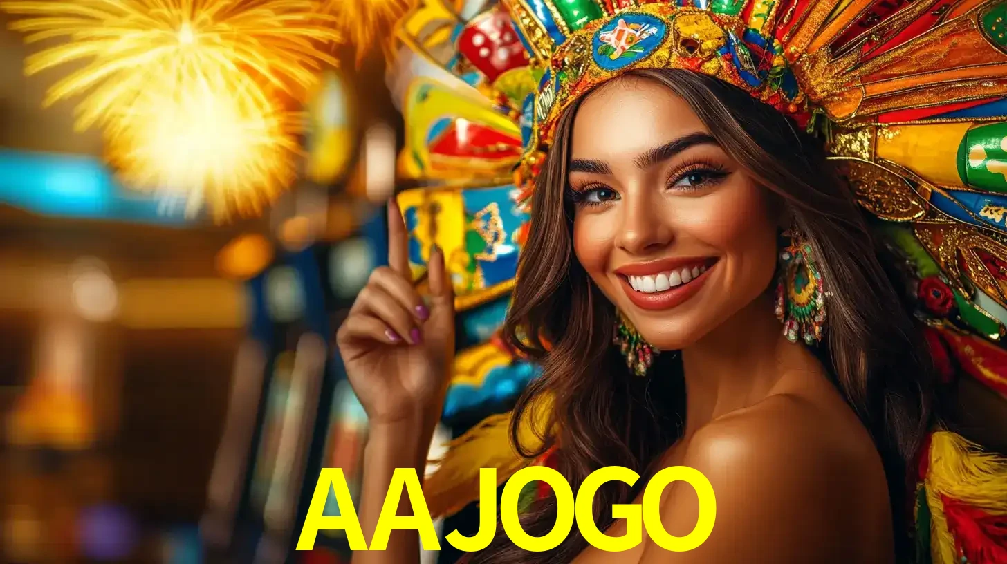 Mulher sorridente com um cocar de carnaval vibrante e colorido, celebrando uma grande vitória nos jogos do cassino AAJOGO com fogos de artifício ao fundo.