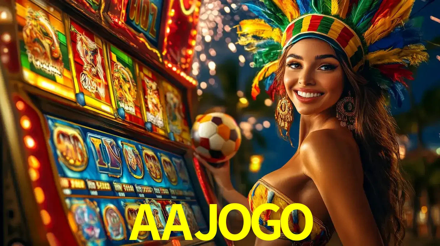 Mulher com um cocar de carnaval ao lado de uma máquina de caça-níqueis enquanto segura uma bola de futebol, mostrando a união da diversão de cassino e esportes no AAJOGO.