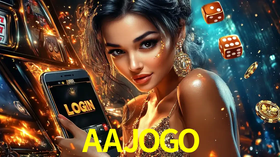 Mulher glamourosa segurando um celular com a tela de login do cassino AAJOGO, rodeada por dados e moedas douradas, pronta para começar a diversão.