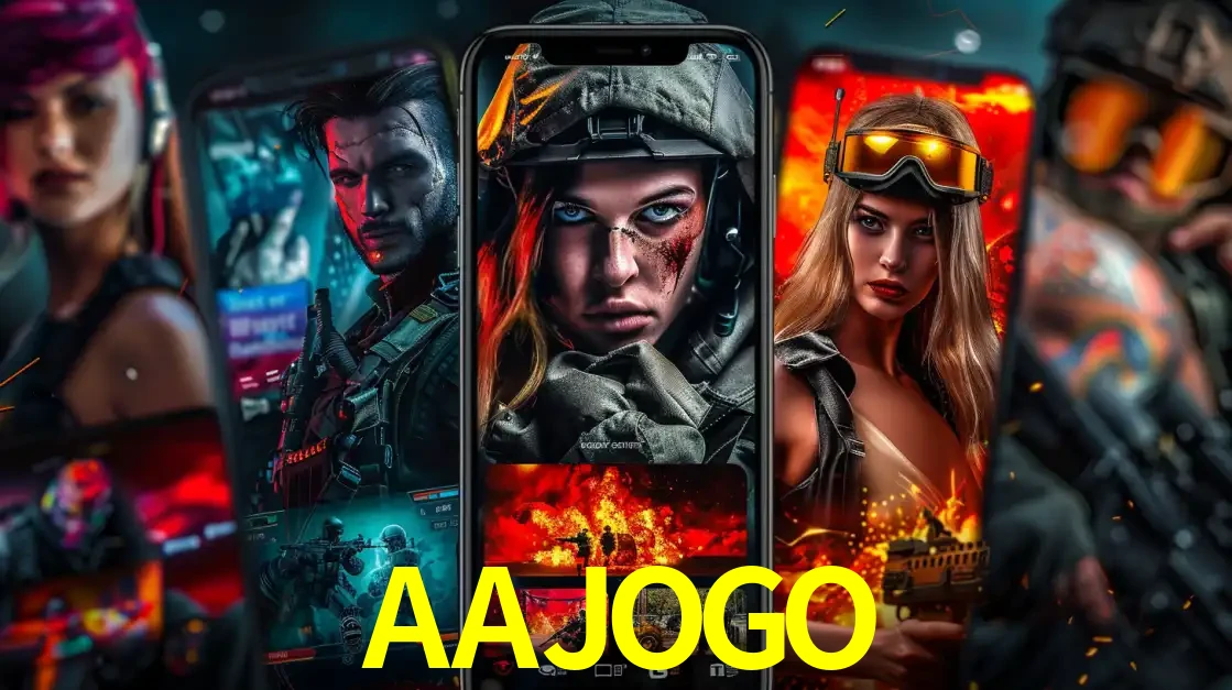 Montagem de telas de celular mostrando diversos personagens, masculinos e femininos, de um jogo de tiro, ilustrando a diversidade de equipes de e-sports para apostar no AAJOGO.