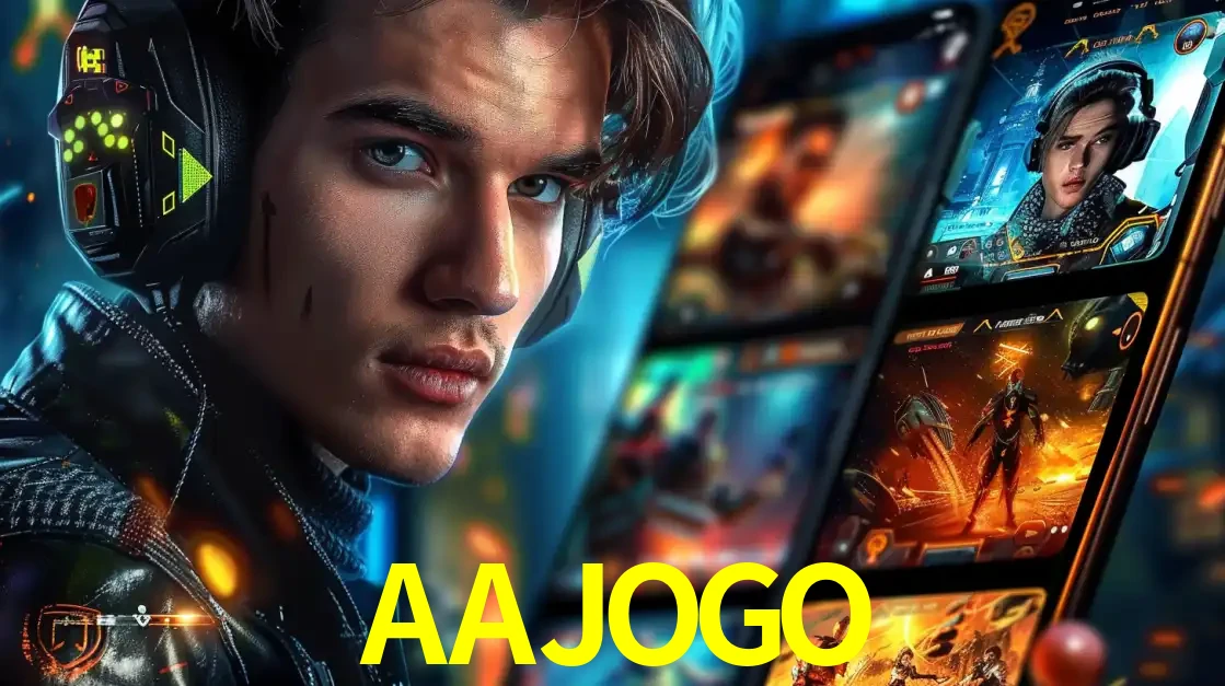 Jovem jogador com fones de ouvido olhando para a câmera, com um aplicativo de jogos e e-sports para celular ao fundo, pronto para a competição e apostas no AAJOGO.
