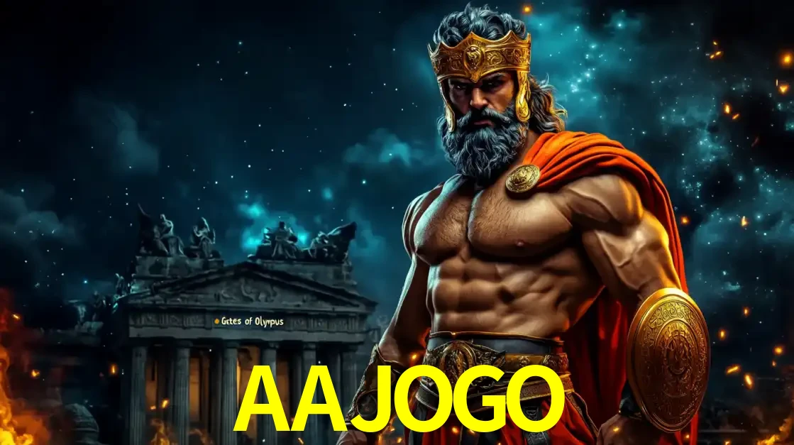 O poderoso Zeus do jogo de slot Gates of Olympus em frente ao seu templo, pronto para lançar multiplicadores divinos e prêmios épicos no cassino online AAJOGO.