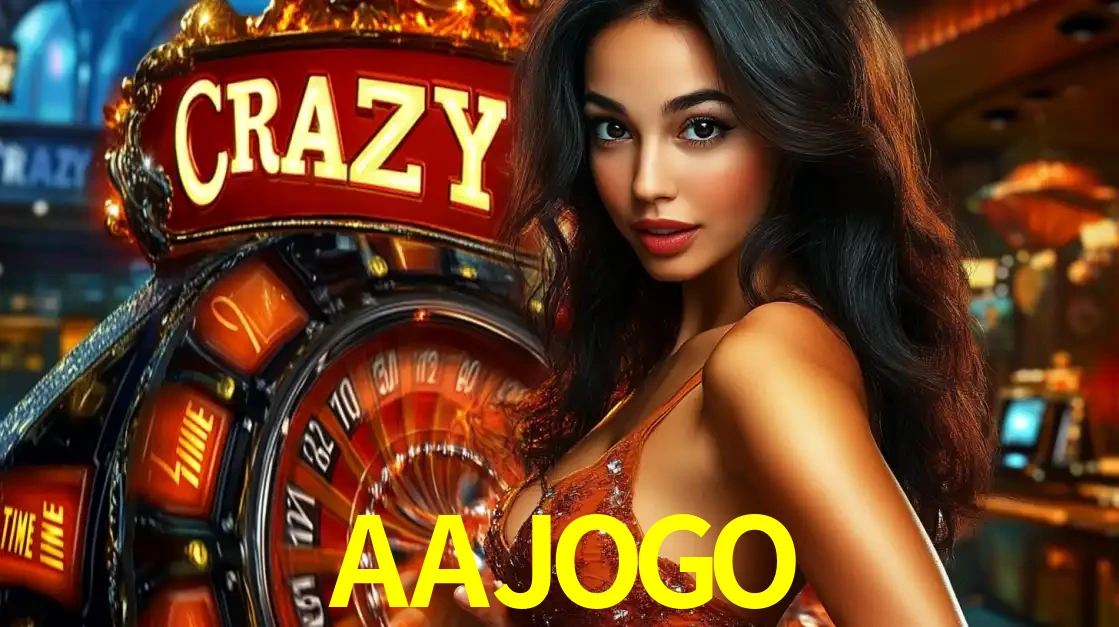 Mulher glamourosa olhando para a câmera com a roda vermelha do Crazy Time ao fundo em um ambiente de cassino, destacando a emoção dos jogos ao vivo no AAJOGO.