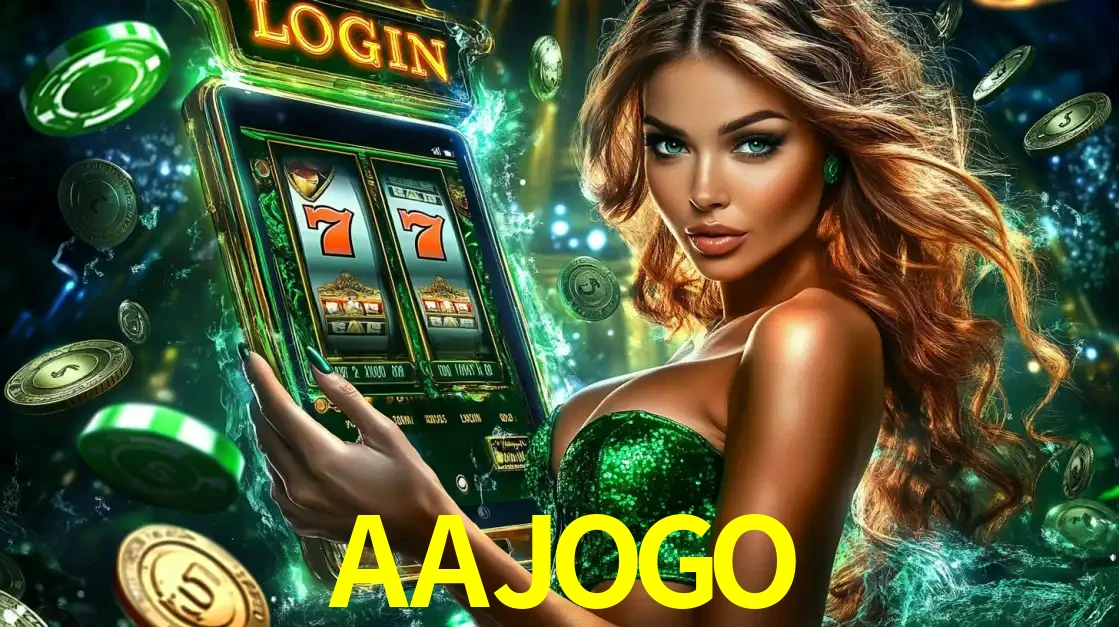 Mulher com tema verde apresentando o aplicativo do cassino AAJOGO com um jogo de slot de 777, cercada por fichas de cassino e uma aura de sorte.