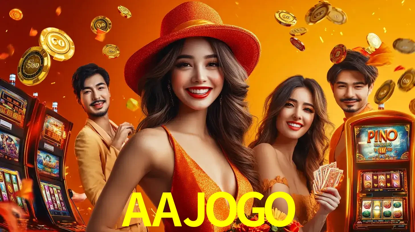 Grupo de amigos asiáticos sorrindo e se divertindo com máquinas de caça-níqueis em um ambiente festivo, celebrando suas vitórias nos jogos de cassino do AAJOGO.