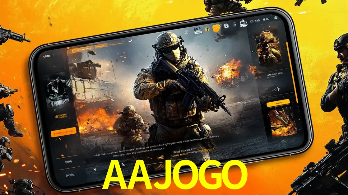 Um smartphone exibindo a interface de um jogo de tiro em primeira pessoa, com um soldado em um cenário de batalha, representando a ação dos e-sports para apostar no AAJOGO.