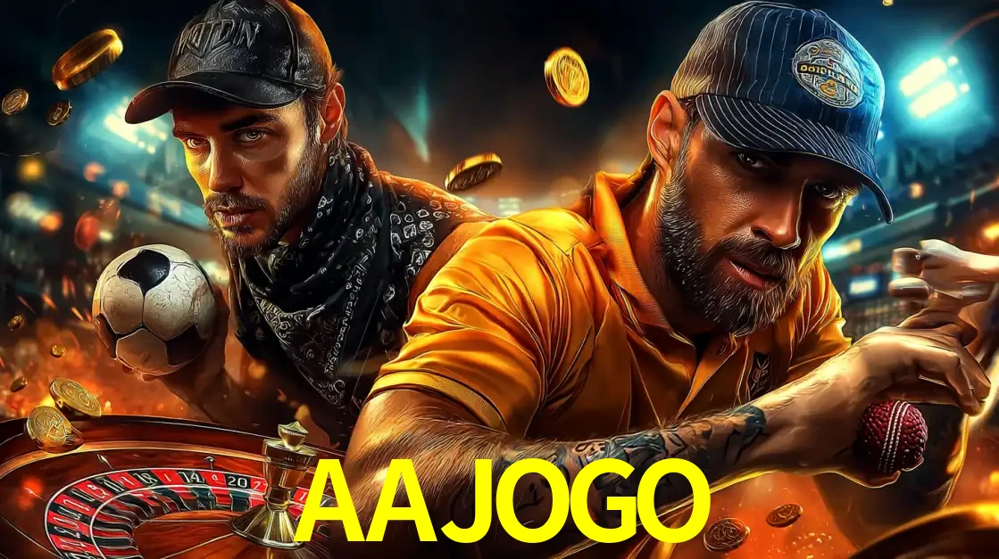 Montagem de apostas esportivas e cassino no AAJOGO, com um homem segurando uma bola de futebol e outro uma de beisebol sobre uma roleta e moedas voadoras.