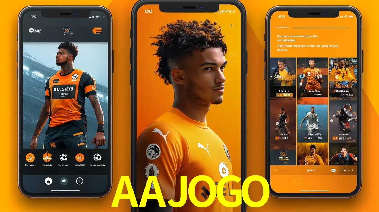 Interface do aplicativo de apostas esportivas AAJOGO em três telas de celular, mostrando o perfil de um jogador de futebol e a lista de jogos disponíveis para apostar.