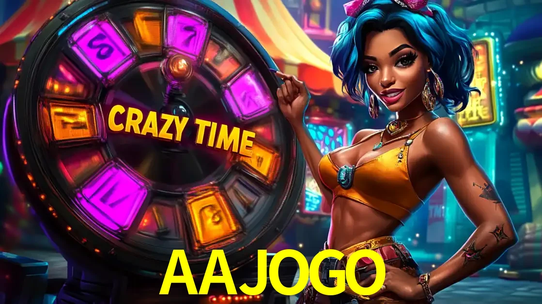 Mulher estilizada com cabelo azul e visual vibrante posando ao lado da roda de prêmios do game show Crazy Time, convidando para a diversão e os bônus do cassino AAJOGO.