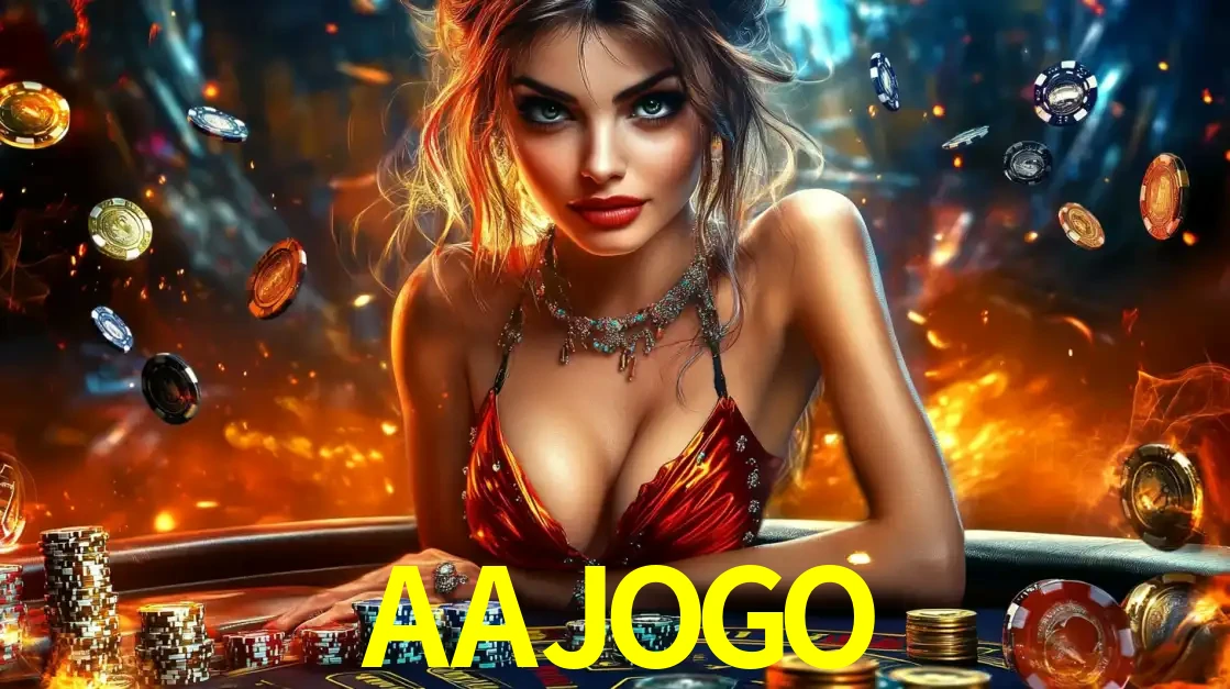 Mulher em uma mesa de cassino com pilhas de fichas e um fundo de fogo, pronta para uma rodada de altas apostas nos jogos de mesa emocionantes do cassino AAJOGO.