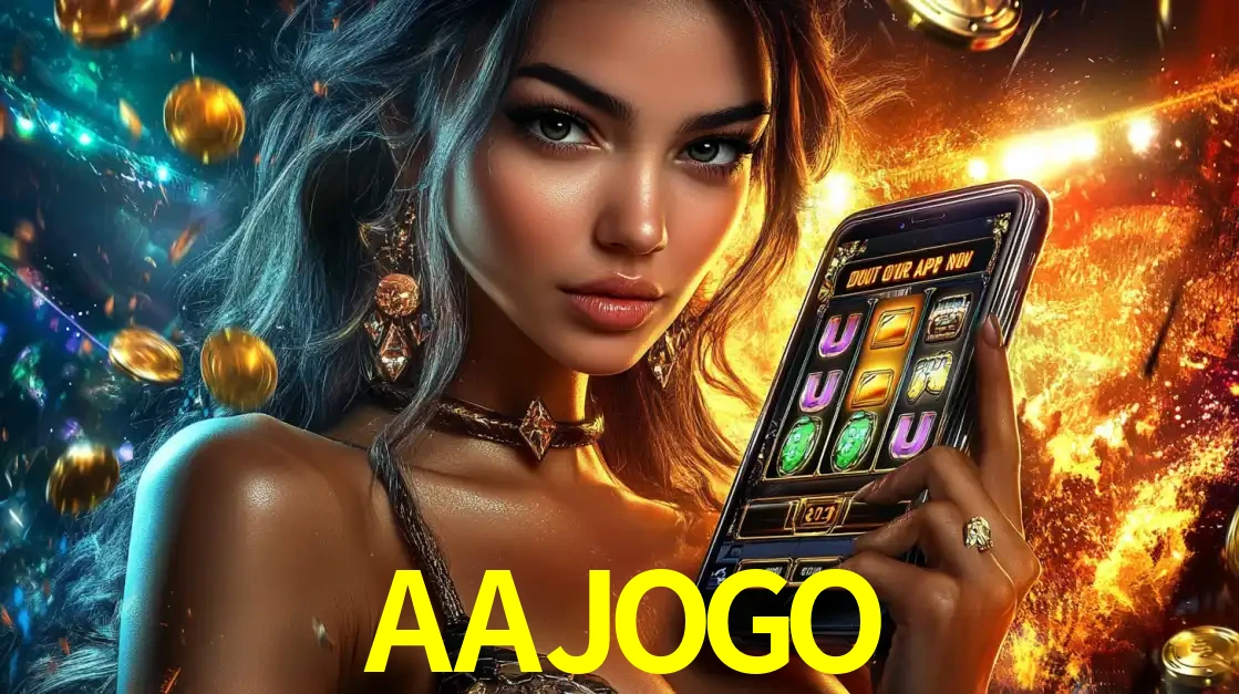 Mulher elegante mostrando um jogo de caça-níqueis em seu smartphone, destacando a experiência de cassino móvel oferecida pelo aplicativo AAJOGO.