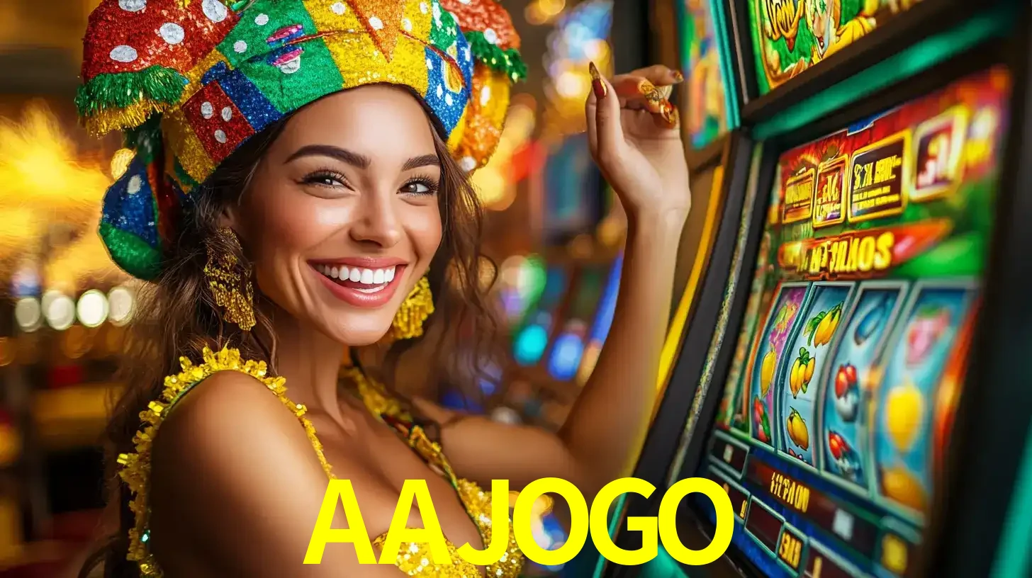Mulher feliz com traje de carnaval amarelo e colorido ao lado de uma máquina de caça-níqueis, aproveitando a diversão e os jogos temáticos do cassino AAJOGO.