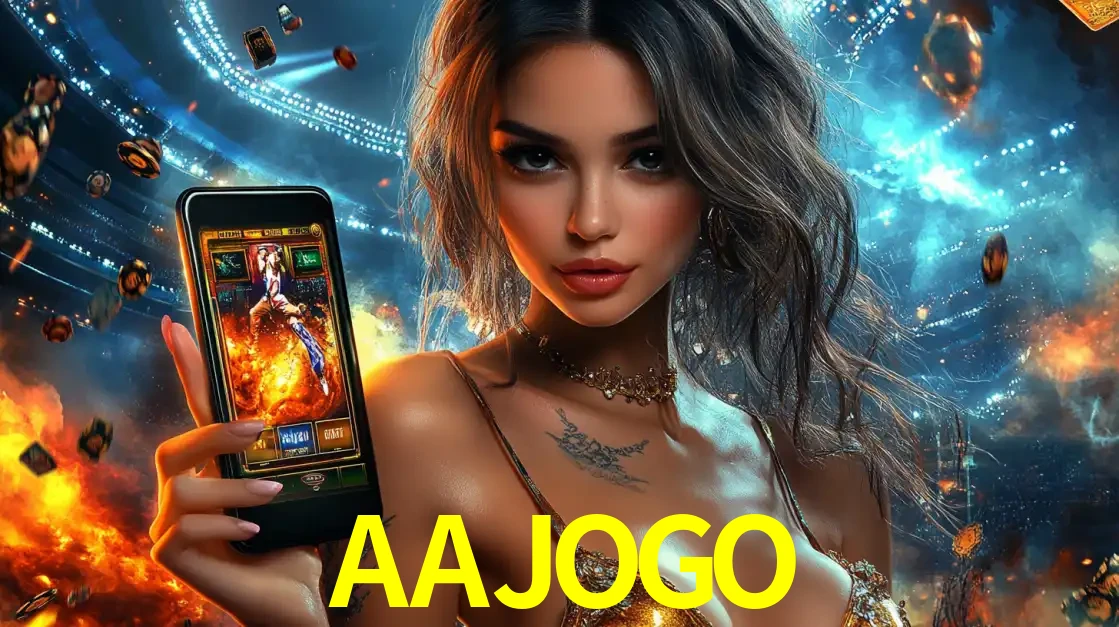 Mulher segurando um celular com um jogo de slot em destaque, tendo como fundo um estádio vibrante, simbolizando a emoção de jogar no cassino móvel AAJOGO.