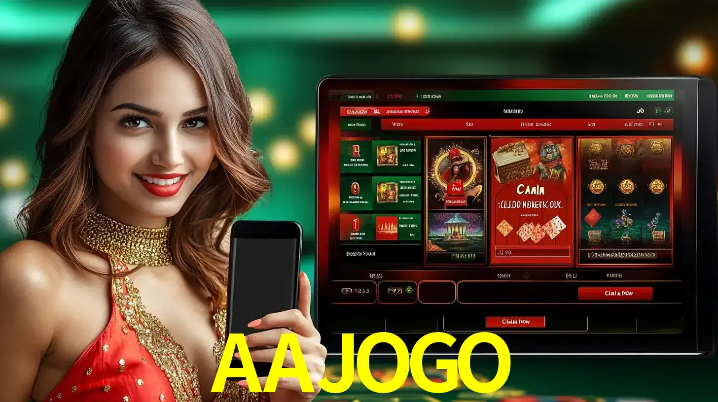 Mulher sorridente segurando um smartphone, ao lado de uma tela exibindo o lobby de jogos do cassino online AAJOGO, com várias opções de jogos de cartas e slots.